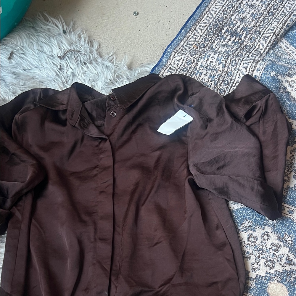 Zara Chocolate Brown Short Sleeve Satin-Look Shirt